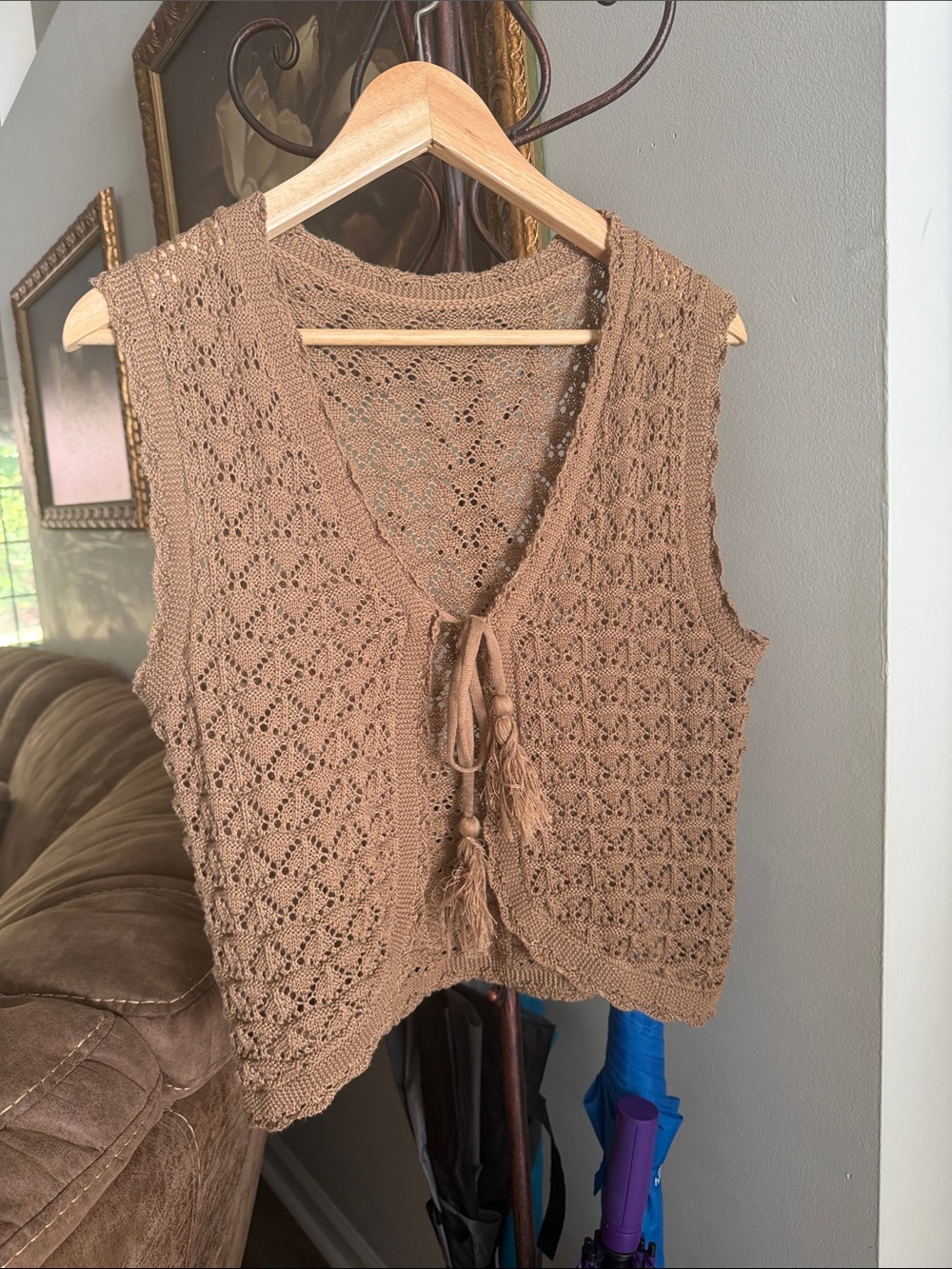 SHEIN Taupe Crochet V-Neck Tie-Front Sweater Vest Size M